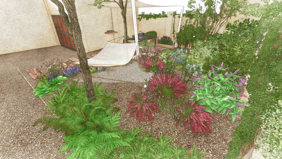 Render di progetto 3D Giardino con ghiaia con amaca abbracciata da aiuole di piante erbacee