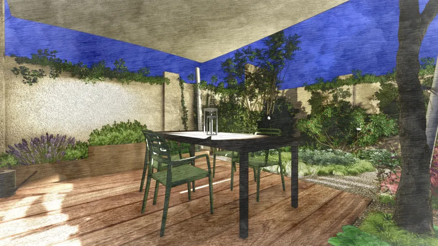 Render di progetto 3D visione notturna Giardino con ghiaia e pergola posata su pavimentazione galleggiante in gres, area living con tavolo sotto tenda a vela