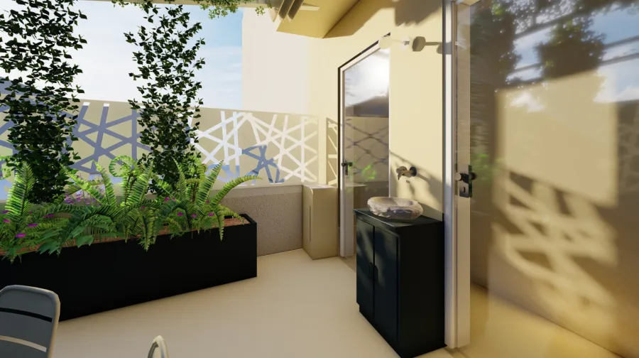 Render di progetto 3D Terrazzo con lavandino in pietra su mobiletto di metallo su misura, vasi in metallo su misura, frangivista e piante