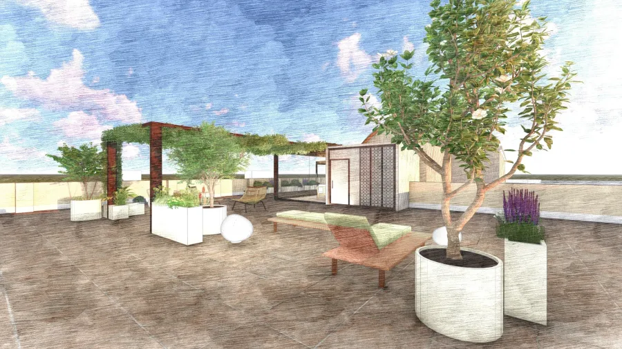 Render di progetto 3D di un terrazzo con pergola in ferro battuto e piante rampicanti e vasi in metallo a definire un'area relax