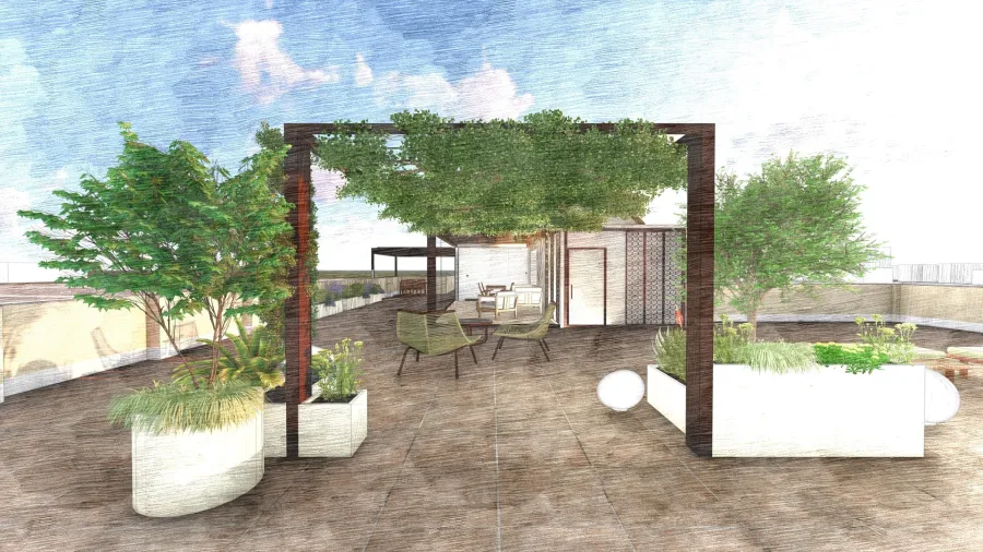 Render di progetto 3D di un terrazzo con pergola in ferro battuto e piante rampicant e vasi in metallo a definire un'area relax