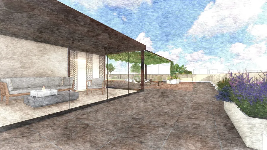 Render di progetto 3D di un terrazzo con pergola bioclimatica con vetri