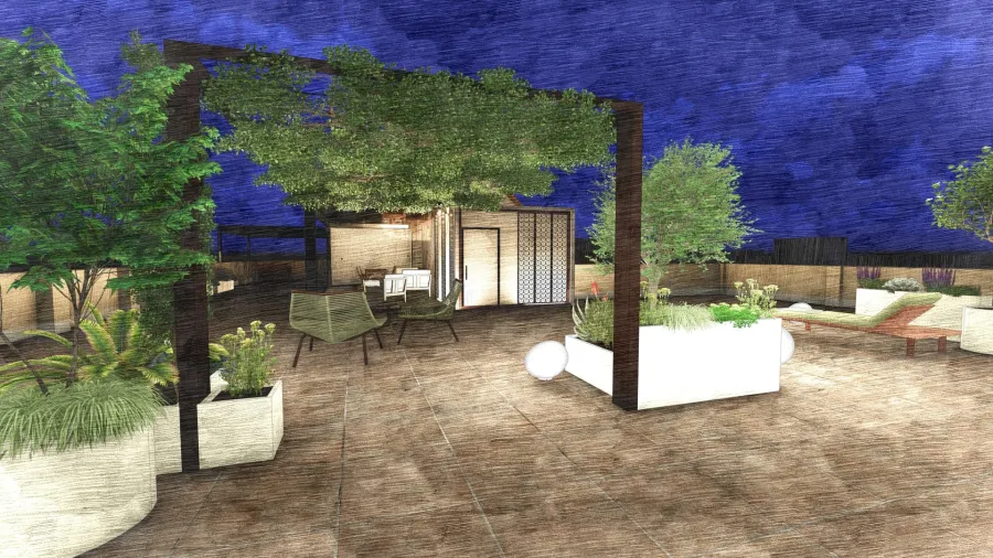 Render di progetto 3D, visione notturna illuminata di un terrazzo con pergola in ferro battuto e piante rampicanti e vasi in metallo a definire un'area relax