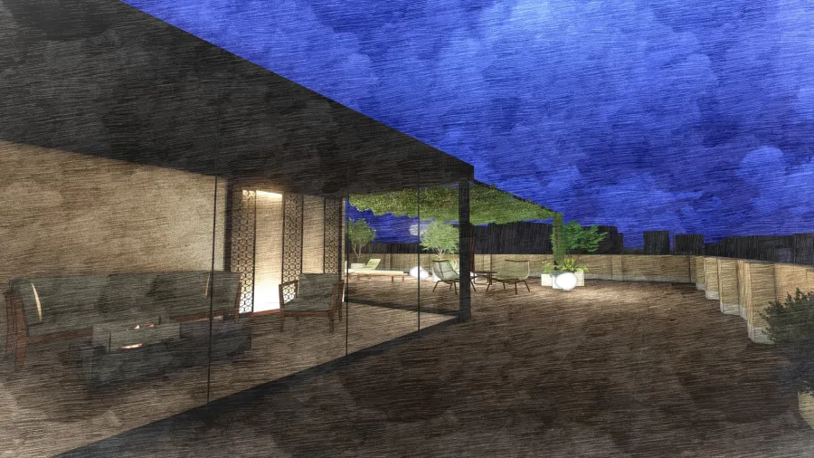 Render di progetto 3D visione notturna illuminata di un terrazzo con pergola bioclimatica con vetri